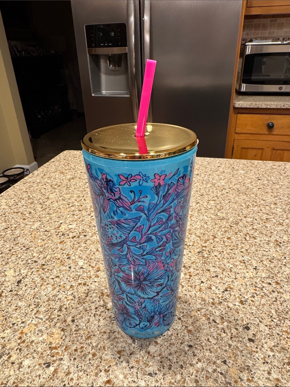 Lilly Pulitzer 24oz Blue Floral Travel Tumbler with Pink and Gold Accents